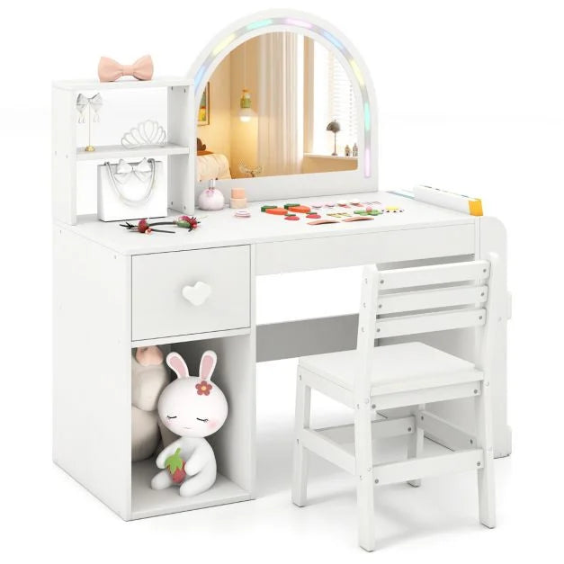Kids Vanity Table & Chair Set with Lighted Mirror and Open Storage Shelves
