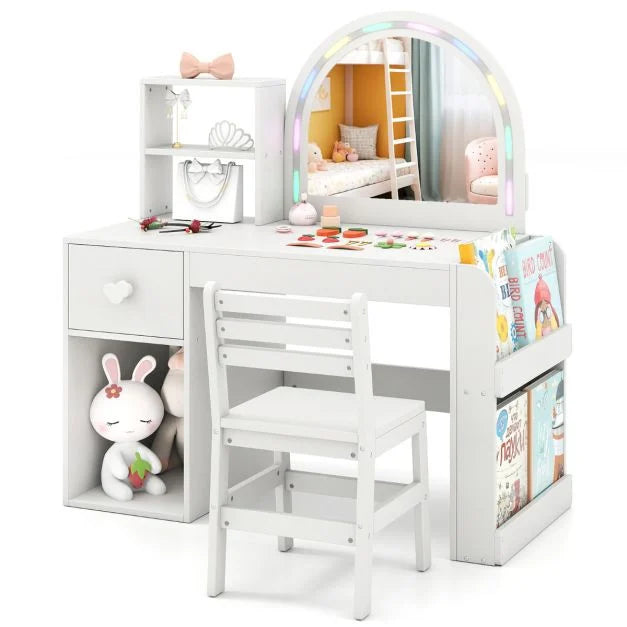 Kids Vanity Table & Chair Set with Lighted Mirror and Open Storage Shelves