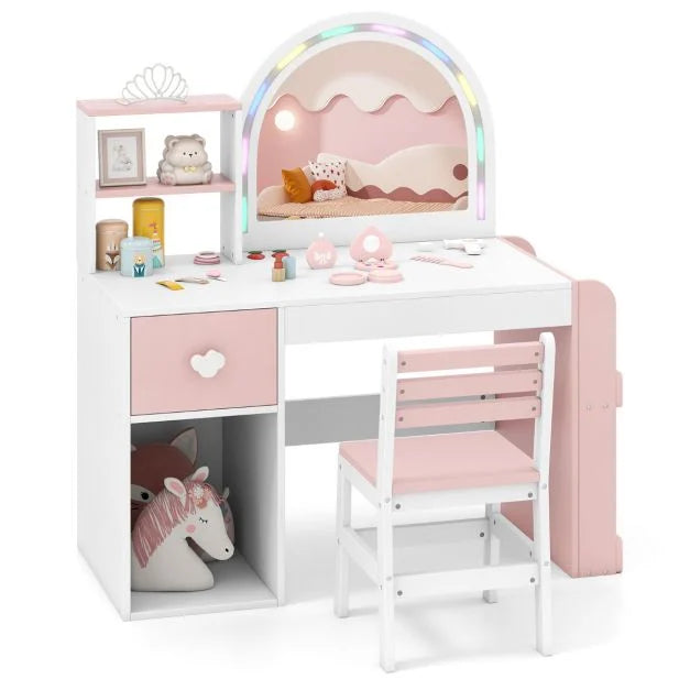 Kids Vanity Table & Chair Set with Lighted Mirror and Open Storage Shelves
