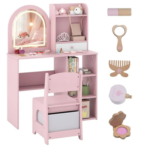 Kids 3+ Vanity Set with Chair and 3-Color Lighted Mirror