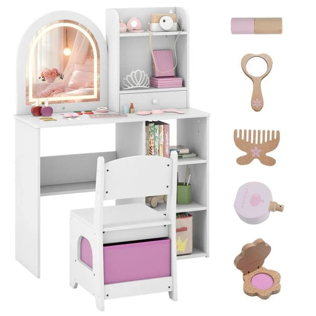 Kids 3+ Vanity Set with Chair and 3-Color Lighted Mirror