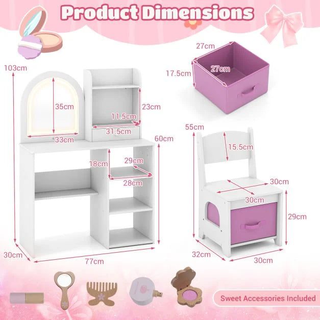 Kids 3+ Vanity Set with Chair and 3-Color Lighted Mirror