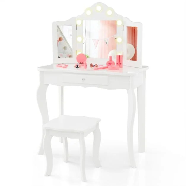 Vanity Table for Kids with Stool, Tri-Folding Glass Mirror & Drawer