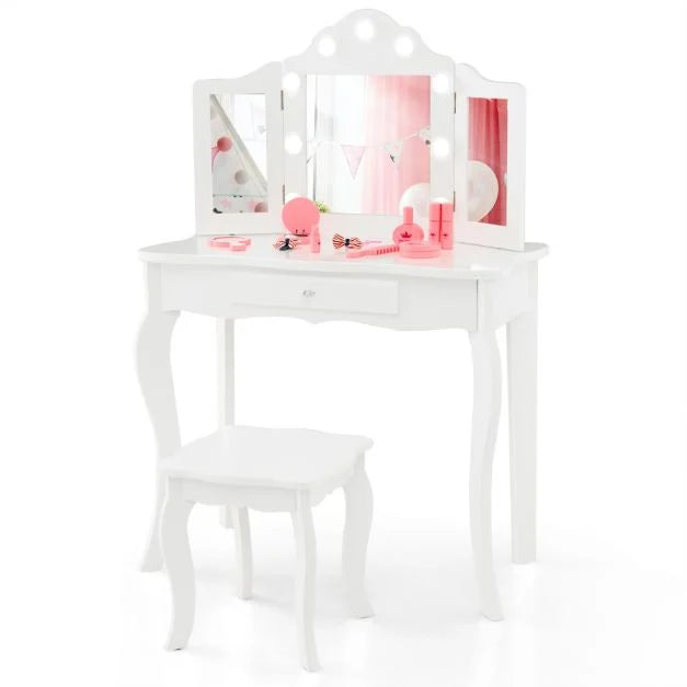 Vanity Table for Kids with Stool, Tri-Folding Glass Mirror & Drawer