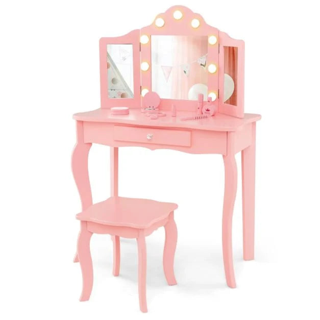 Vanity Table for Kids with Stool, Tri-Folding Glass Mirror & Drawer