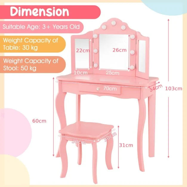 Vanity Table for Kids with Stool, Tri-Folding Glass Mirror & Drawer
