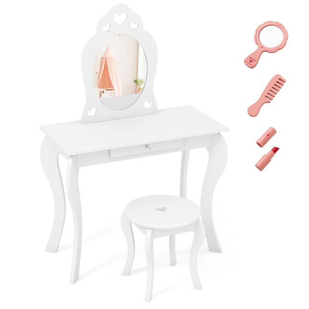 Kids Vanity Table & Stool with Removable Mirror and Drawer