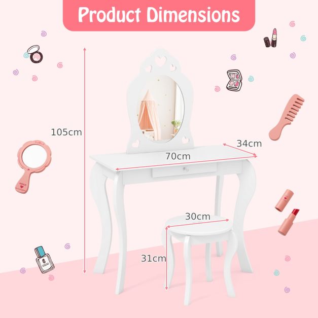 Kids Vanity Table & Stool with Removable Mirror and Drawer