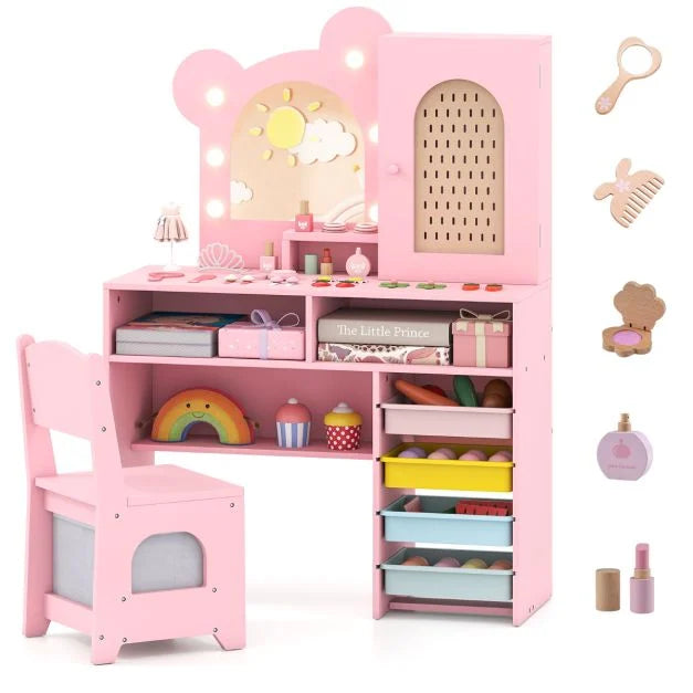 Kids Princess Vanity Table & Chair Set with Lights, 5 Drawers, 2 Compartments