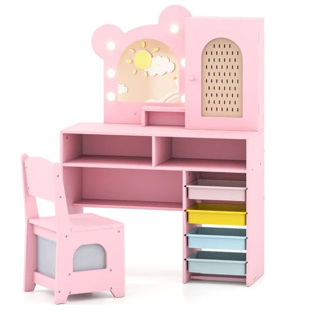 Kids Princess Vanity Table & Chair Set with Lights and 2 Drawers