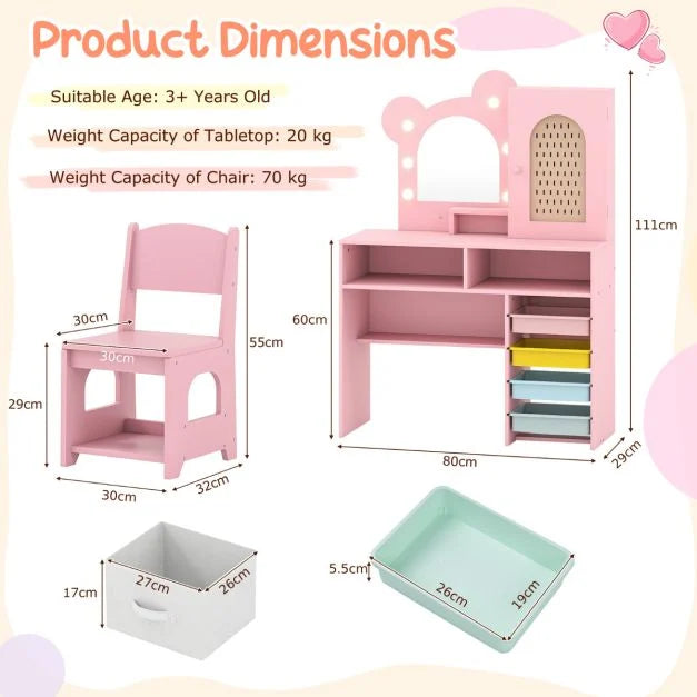 Kids Princess Vanity Table & Chair Set with Lights and 2 Drawers