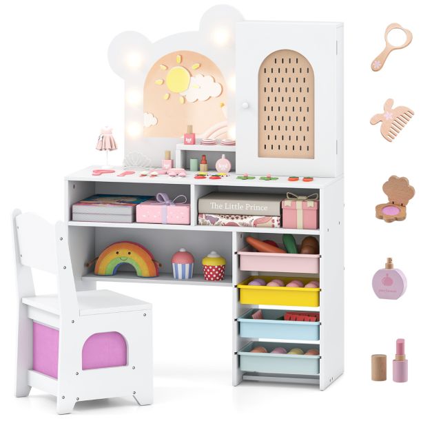 Kids Princess Vanity Table & Chair Set with Lights, 5 Drawers, 2 Compartments