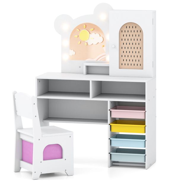 Kids Princess Vanity Table & Chair Set with Lights and 2 Drawers