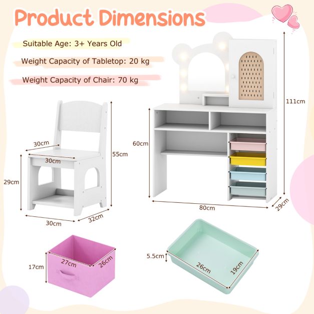Kids Princess Vanity Table & Chair Set with Lights, 5 Drawers, 2 Compartments