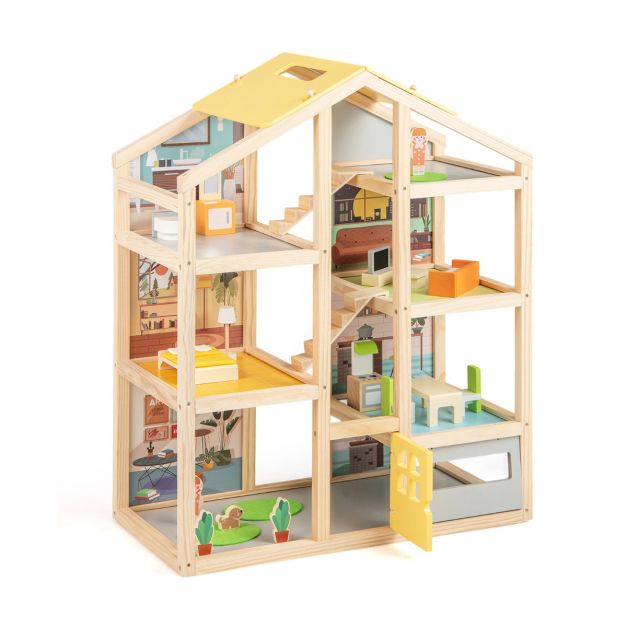 Wooden Dollhouse for Kids – 7 Rooms with 18 Furniture Pieces