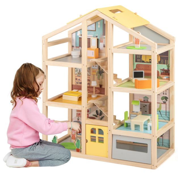 Wooden Dollhouse for Kids – 7 Rooms with 18 Furniture Pieces