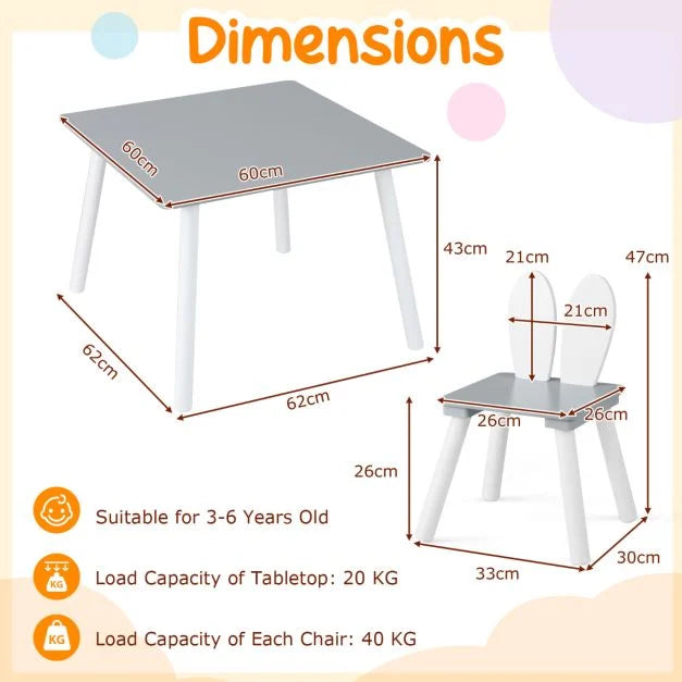 Kids Wooden Table with Rabbit Chairs Set – Space-Saving Design