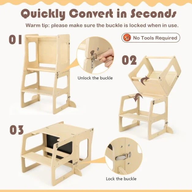 Foldable 3-in-1 Toddler Kitchen Standing Tower with Chalkboard and Weaning Table