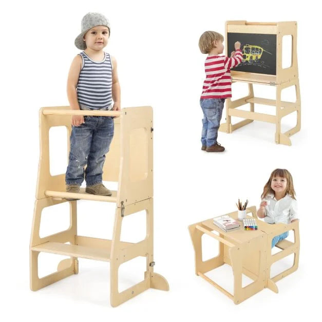Foldable 3-in-1 Toddler Kitchen Standing Tower with Chalkboard and Weaning Table