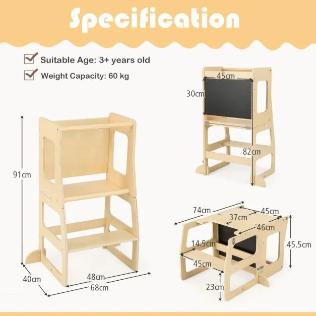 Foldable 3-in-1 Toddler Kitchen Standing Tower with Chalkboard and Weaning Table