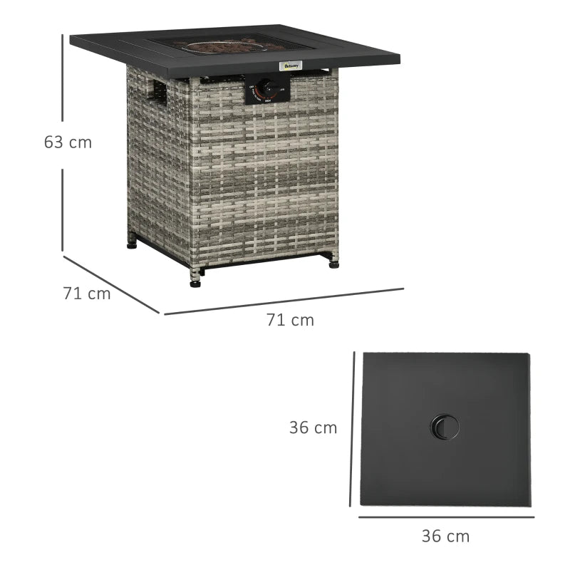 Square Rattan Gas Fire Pit Table for Patio with Lava Stone & Mesh Lid, Grey 40,000 BTU