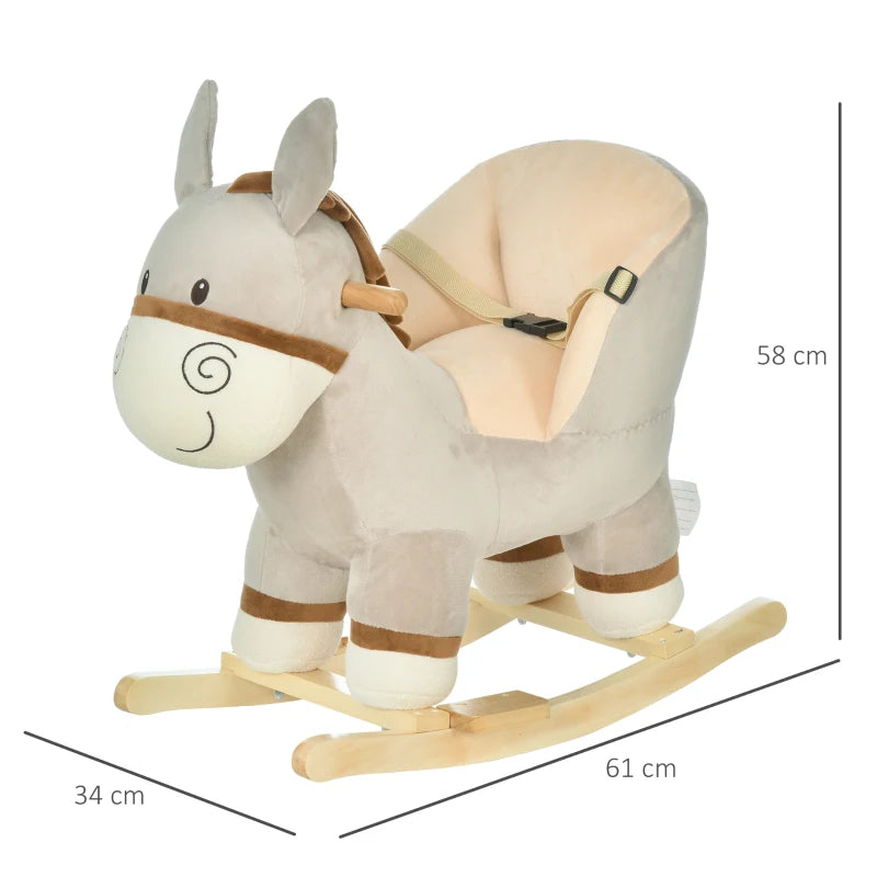 Safe and Sound Plush Donkey Rocking Horse Ride-On with Wooden Base for Toddlers