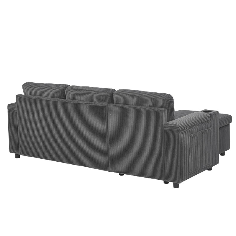 3-in-1 Convertible Corduroy Sofa Bed w/ Chaise & Charger – Grey