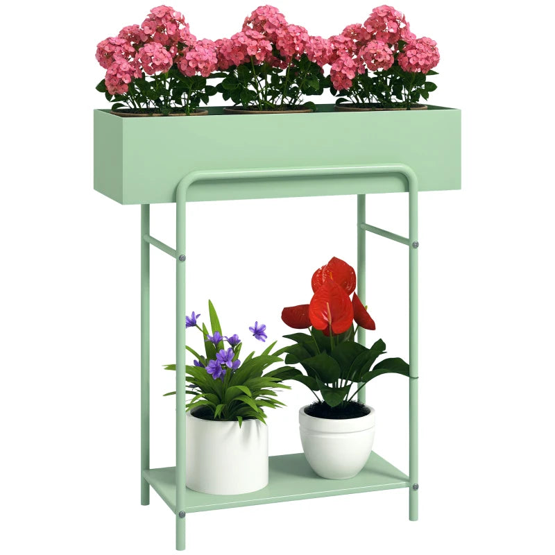 Metal 2-Tier Plant Shelf with Drain Holes, Green Stand for Garden, Patio, or Living Room