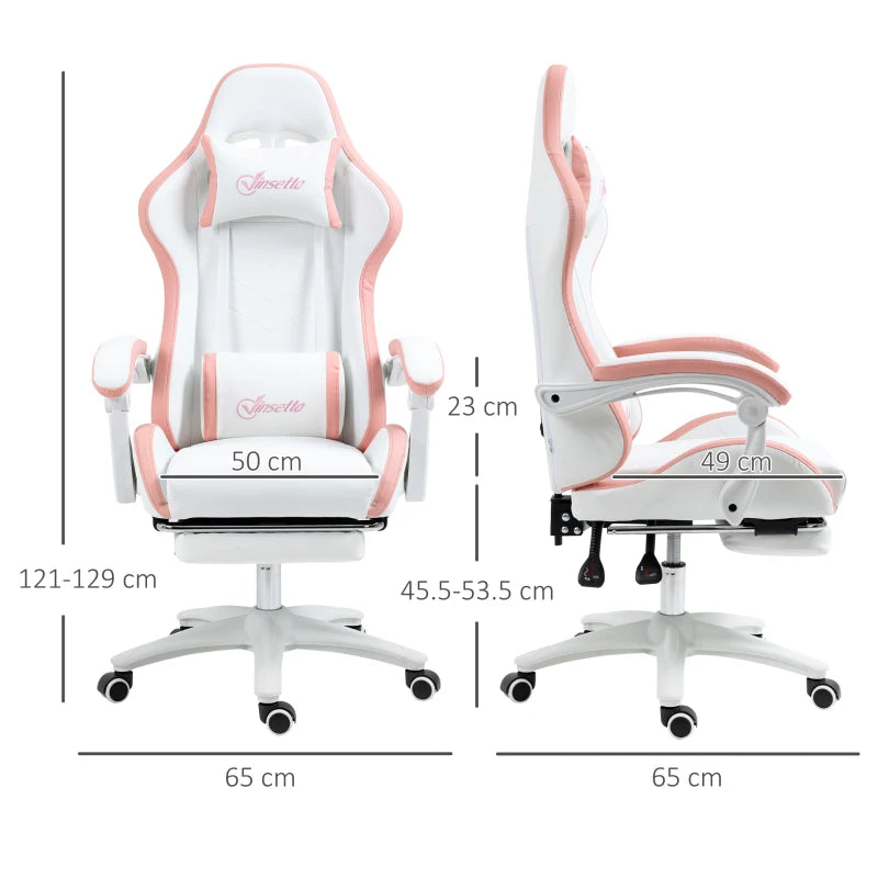 White & Pink PU Leather Gaming Chair with Footrest