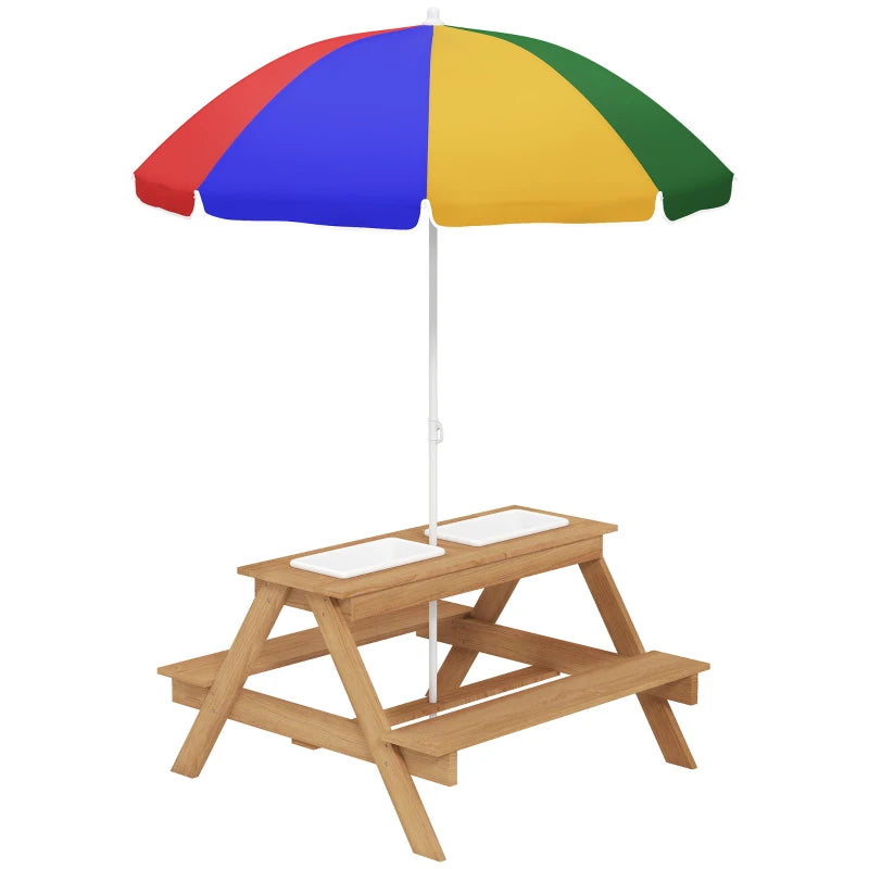 Outdoor Kids Sand and Water Table with Picnic Benches, Parasol, and Storage Bins