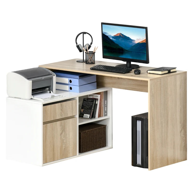 Corner Desk with Storage – L-Shaped Oak & White Home Office Table