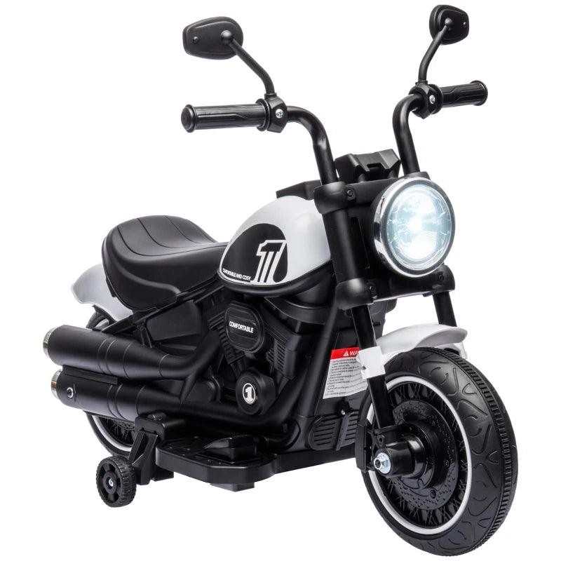 Electric Motorbike for Kids 6V with Training Wheels and Simple One-Button Start – White