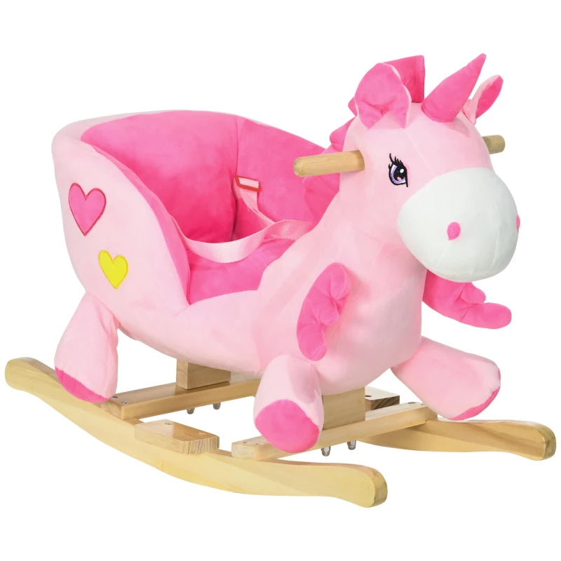 Unicorn Ride-On Rocking Horse with Songs, Seatbelt & Wooden Base for Toddlers, Pink