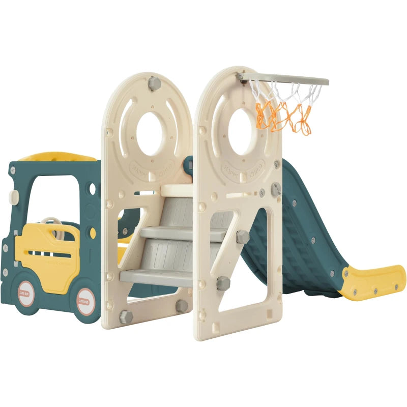 Children’s 4-in-1 Outdoor Play Equipment with Slide, Bus, Ladder & Basketball Hoop