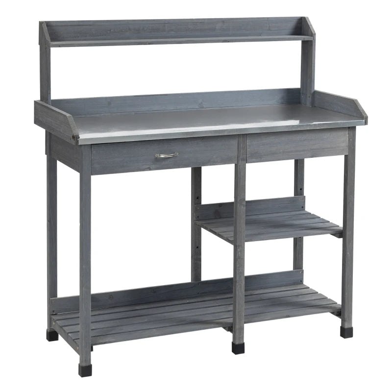 Wooden Potting Table with Metal Top and Storage – For Patio, Garden, or Courtyard