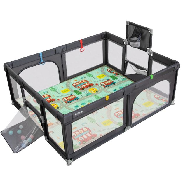 Large Baby Playpen with Mat, Basketball Hoop, and Soccer Nets for Active Play