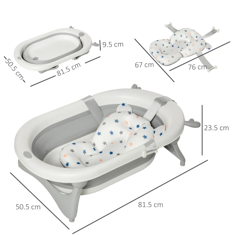 Foldable Baby Bathtub Set with Thermostatic Plug, Non-Slip Base, Cushion & Drain Plugs