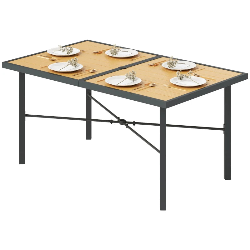 Garden Dining Table for 6 with Umbrella Hole, Wood Effect Top & Rust-Resistant Frame, 150cm