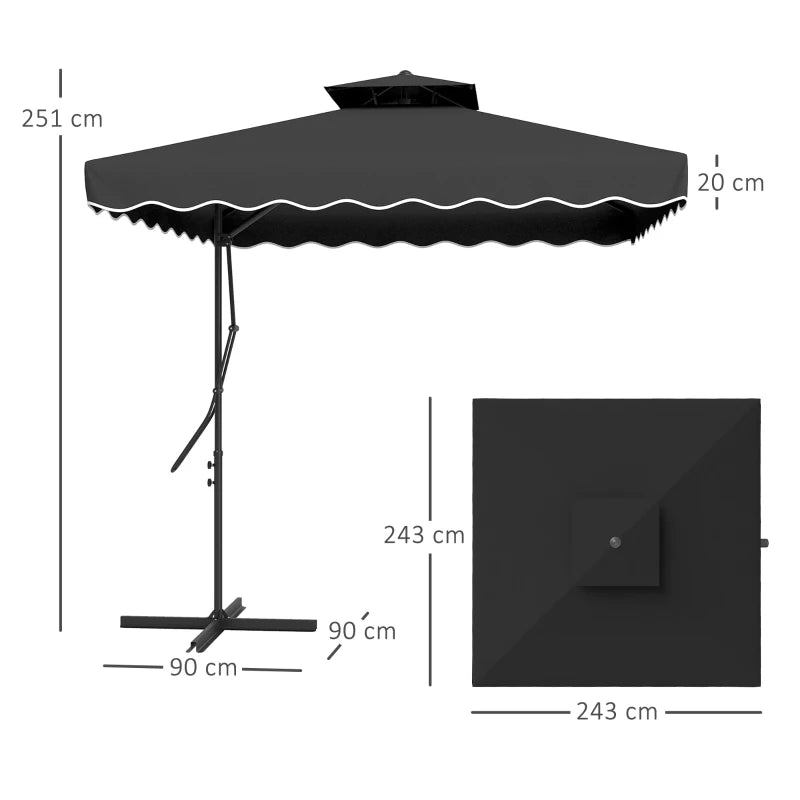 Overhanging black cantilever parasol with double top, ruffles, and easy lever – 2.5m