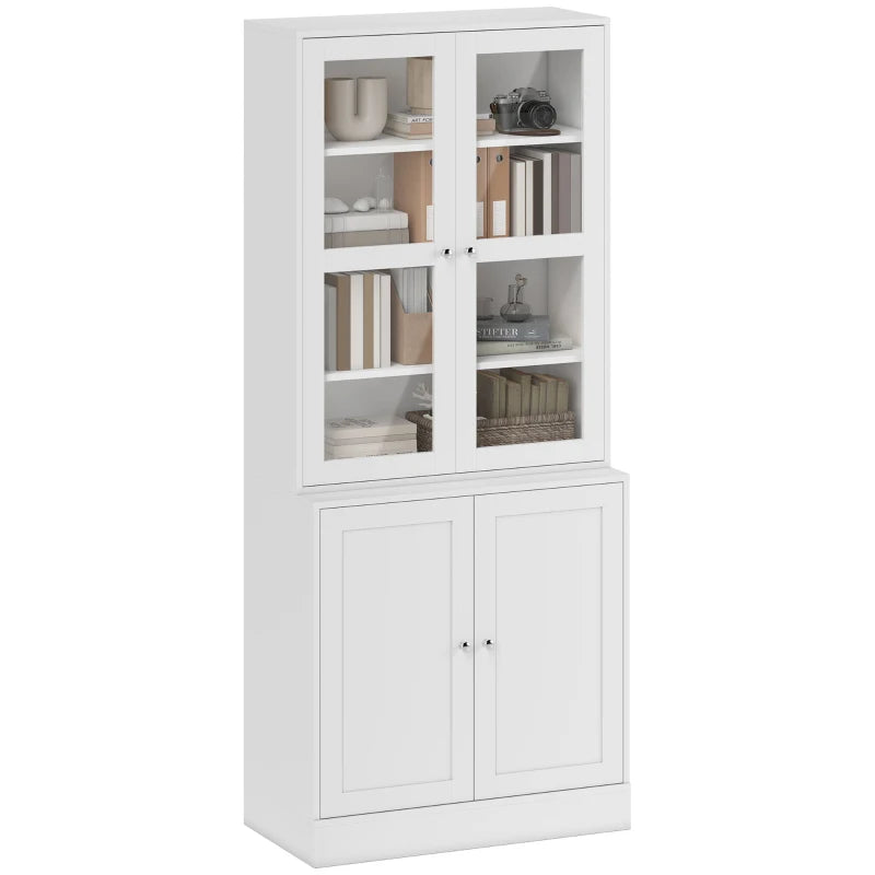 White Bookcase with Glass Doors, Adjustable Shelves & Open Storage