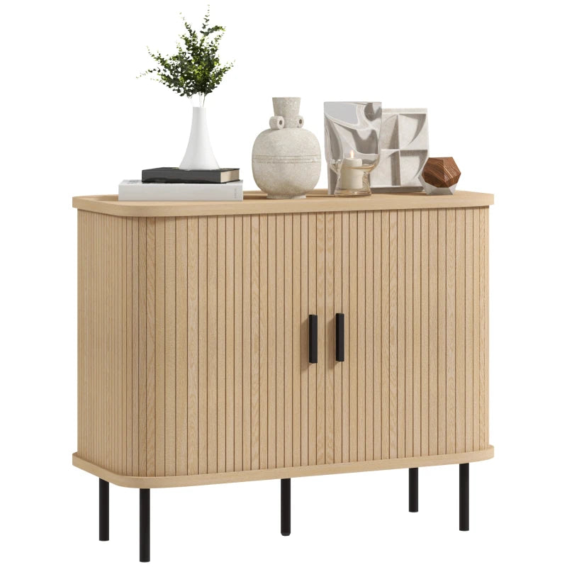 Mid-Century Storage Cabinet with Slatted Doors, Oak Finish