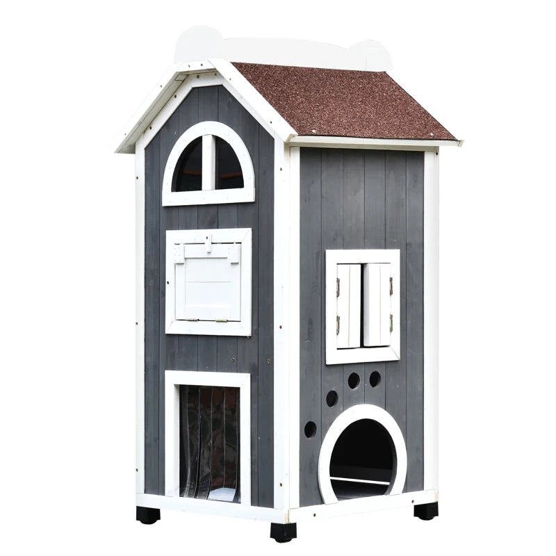 Grey & White Wooden Cat House, Outdoor Pet Shelter