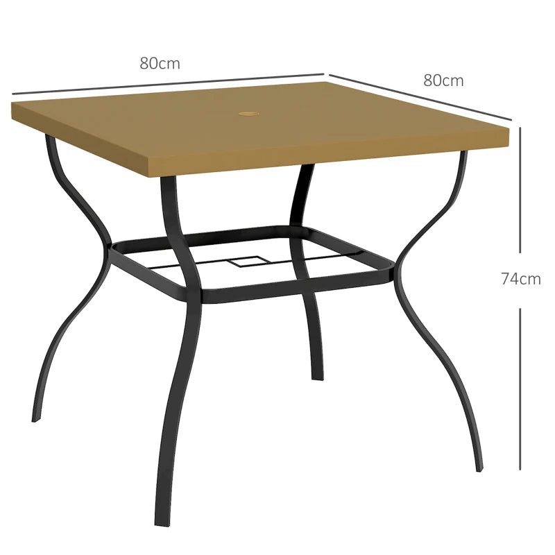 Brown & Black Four-Seater Steel Garden Table with Built-In Parasol Hole for Outdoors