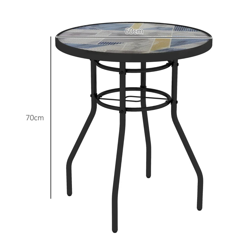 Round Outdoor Table with 60cm Multicolour Printed Glass Top, Patio Side Table
