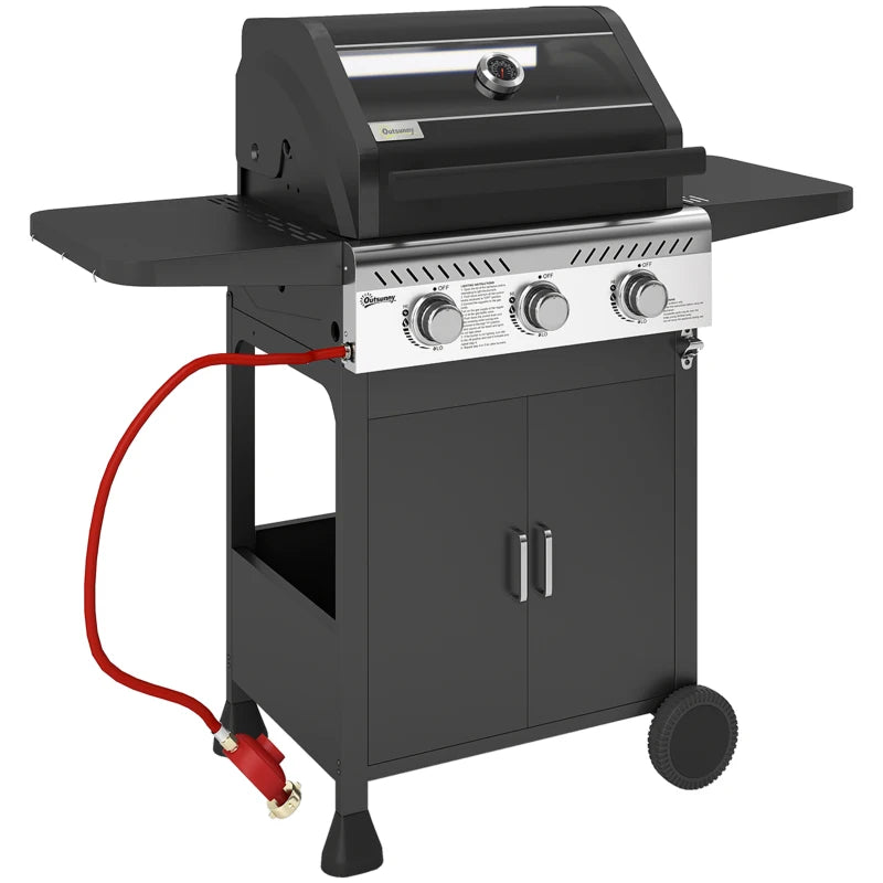 Outdoor Gas BBQ Grill 7.5kW with Three Burners and Clear Lid in Black Finish