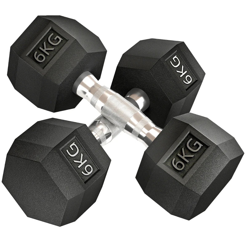 Hexagonal Dumbbells Pair – 2x6kg Rubber Coated