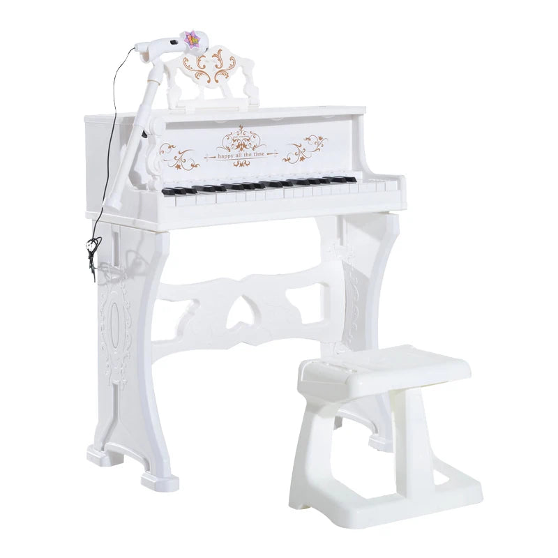 White Mini Piano Keyboard for Kids with 37 Keys, Stool, Microphone & Music Stand