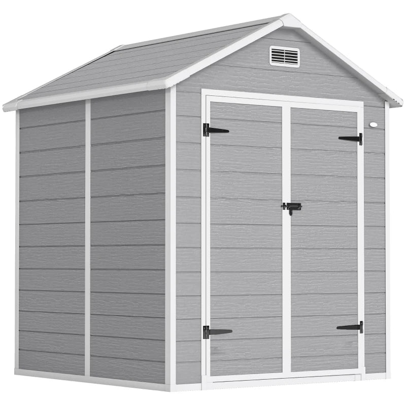 Plastic Garden Shed with Floor, Window, Lockable Doors & Vents, Wood Effect, 6x5 ft