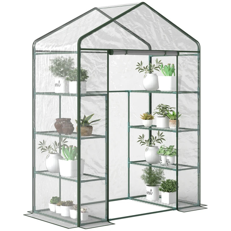 Walk-In Greenhouse with 4-Tier 8 Shelves, Hemmed Cover & Roll-Up Zipped Door, Steel Frame