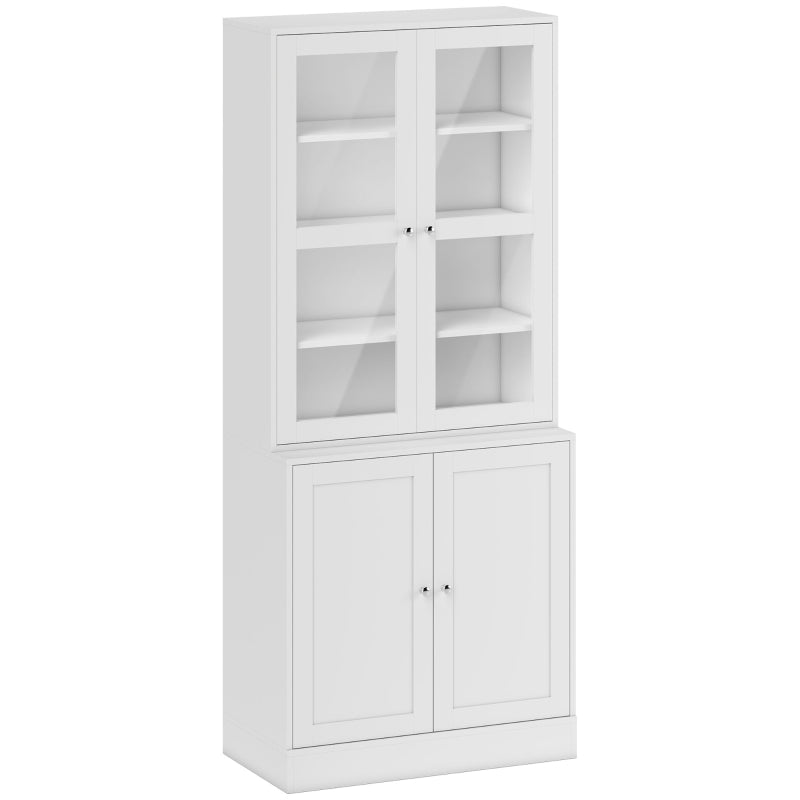 White Bookcase with Glass Doors, Adjustable Shelves & Open Storage